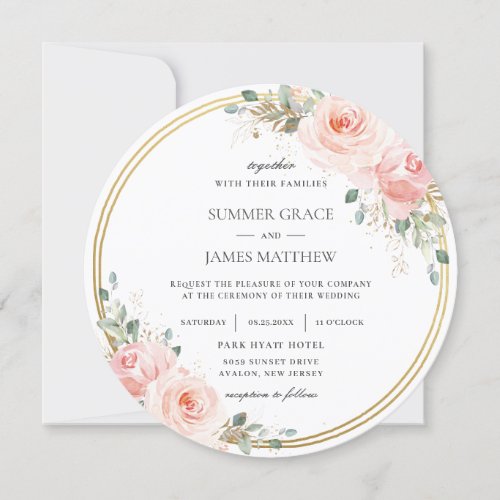 Elegant Blush Pink Floral Gold Circle Wedding Invitation