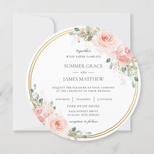 Elegant Blush Pink Floral Gold Circle Wedding Invitation Zazzle