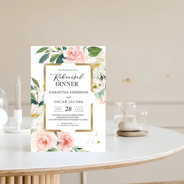 Elegant Blush Pink Floral Gold Frame And Drops Invitation Zazzle