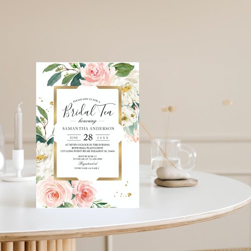 Elegant Blush Pink Floral Gold Frame  Drops Invitation