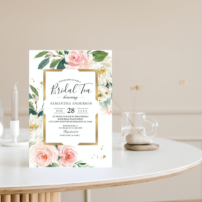 Elegant Blush Pink Floral Gold Frame & Drops Invitation (Creator Uploaded)