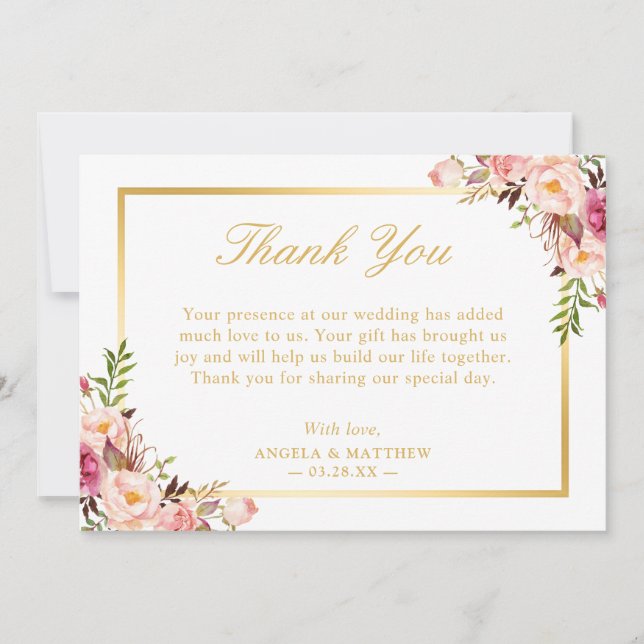 Elegant Blush Pink Floral Gold Frame Thank You Card (Front)