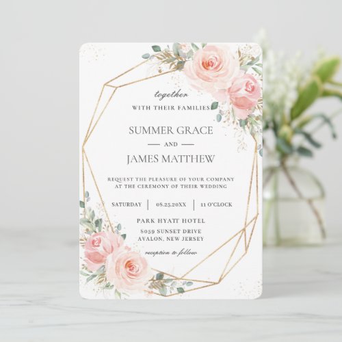 Elegant Blush Pink Floral Gold Geometric Wedding  Invitation