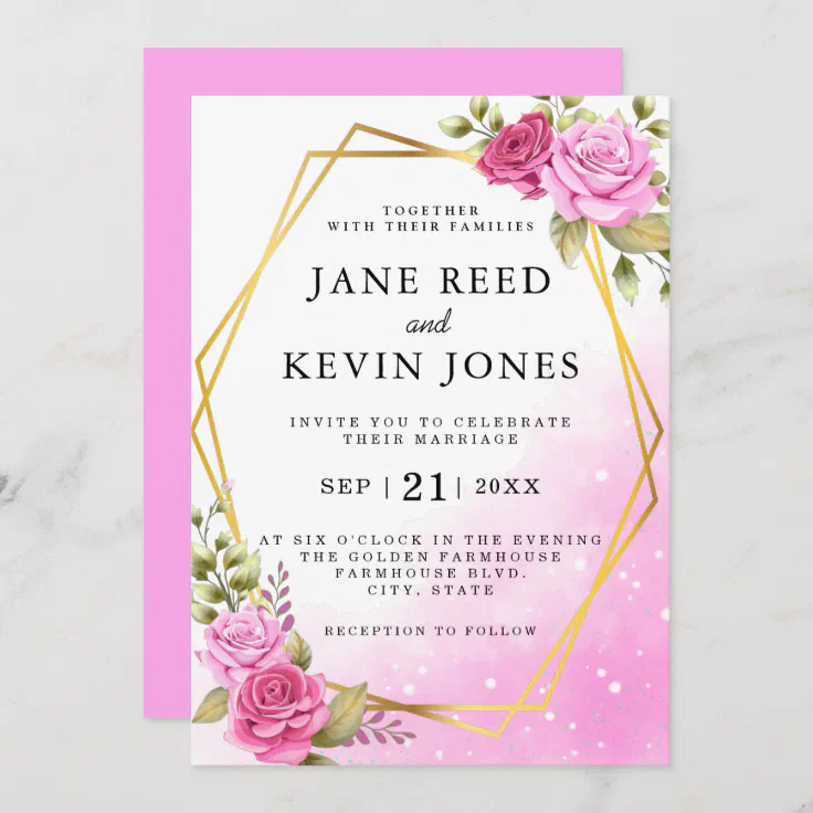 Elegant Blush Pink Floral Gold Geometric Wedding Invitation Zazzle