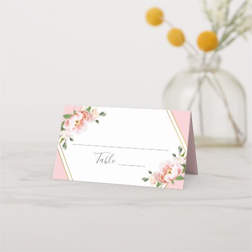 Elegant Blush Pink Floral Gold Geometric Wedding Place Card