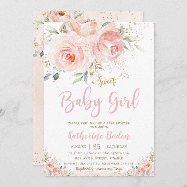 Elegant Blush Pink Floral Gold Girl Baby Shower Invitation (Front/Back)
