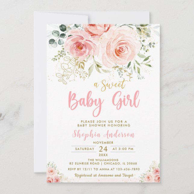 Elegant Blush Pink Floral Gold Girl Baby Shower Invitation (Front)