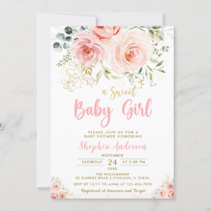 Elegant Blush Pink Floral Gold Girl Baby Shower Invitation