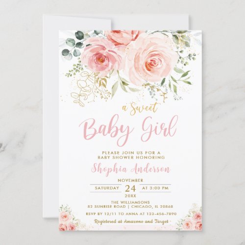Elegant Blush Pink Floral Gold Girl Baby Shower Invitation