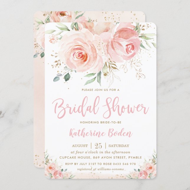 Elegant Blush Pink Floral Gold Girl Bridal Shower Invitation (Front/Back)