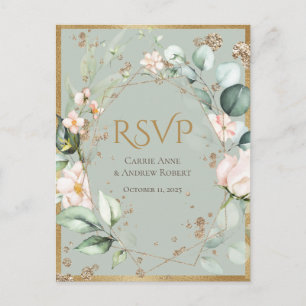 Elegant Blush Pink Floral Gold Green Wedding Postcard