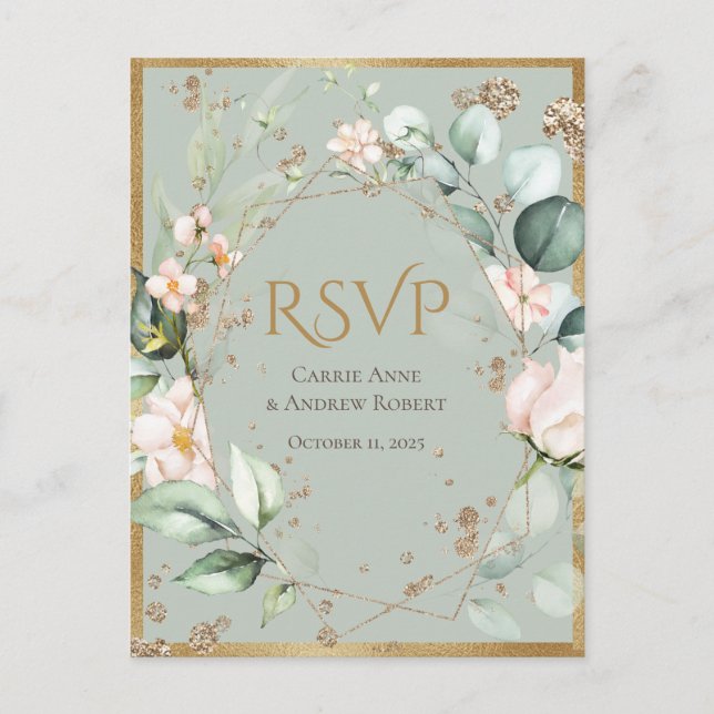 Elegant Blush Pink Floral Gold Green Wedding Postcard (Front)