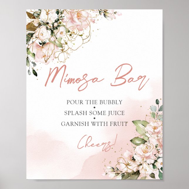 Elegant blush pink floral gold mimosa bar sign (Front)