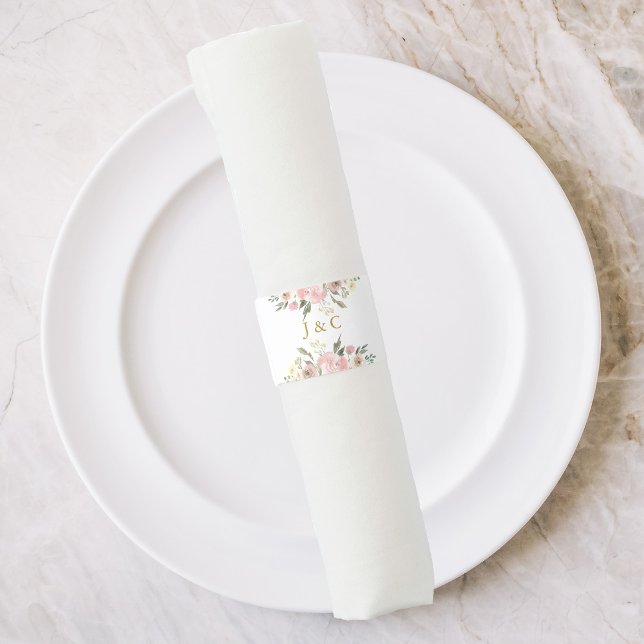 Elegant Blush Pink Floral Gold Monogram Wedding Napkin Bands (Creator Uploaded)