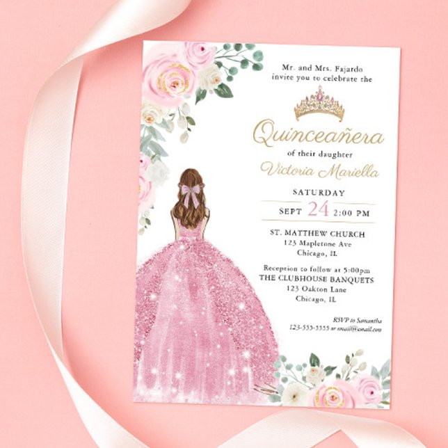 Elegant blush pink floral gold Quinceañera 15th Invitation (Creator Uploaded)