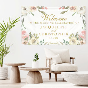 Elegant Blush Pink Floral Gold Script Wedding Banner
