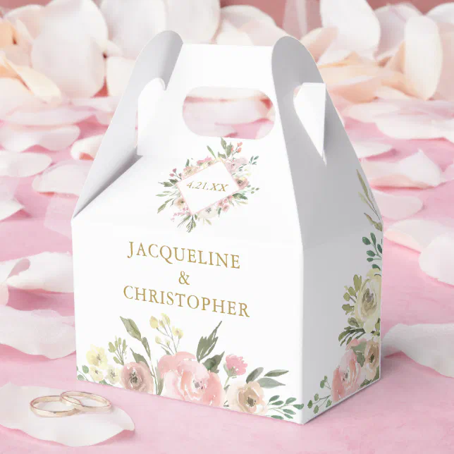 Elegant Blush Pink Floral Gold Script Wedding Favor Boxes | Zazzle