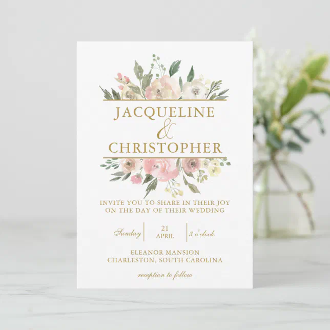 Elegant Blush Pink Floral Gold Script Wedding Invitation Zazzle