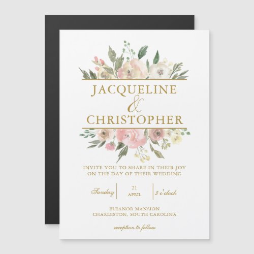 Elegant Blush Pink Floral Gold Script Wedding Magnetic Invitation