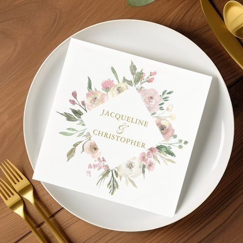 Elegant Blush Pink Floral Gold Script Wedding Napkins