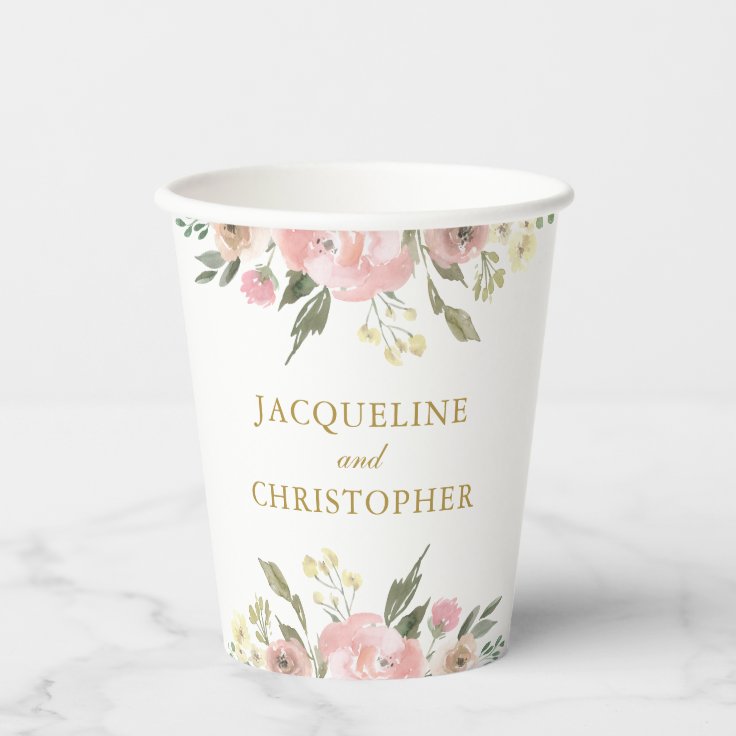 Scripted Cups Elegant Blush Pink Floral Gold Script Wedding Paper Cups | Zazzle