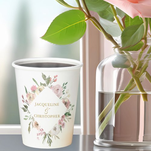 Elegant Blush Pink Floral Gold Script Wedding Paper Cups