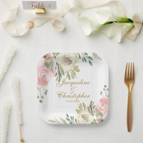 Elegant Blush Pink Floral Gold Script Wedding Paper Plates