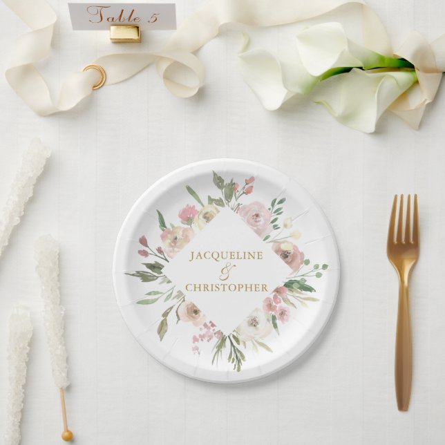 Elegant Blush Pink Floral Gold Script Wedding Paper Plates (Wedding)