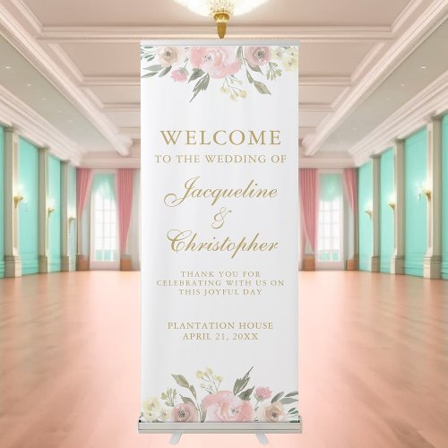 Elegant Blush Pink Floral Gold Script Wedding Retractable Banner