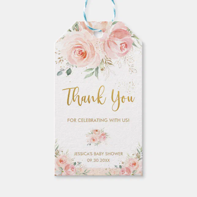Elegant Blush Pink Floral Gold Thank You Favor Gift Tags | Zazzle