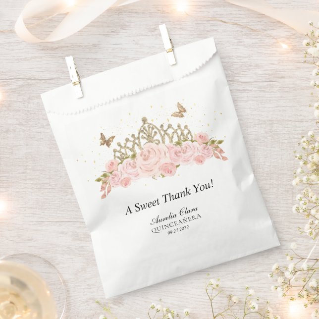 Elegant Blush Pink Floral Gold Tiara Quinceanera Favor Bag (Clipped)