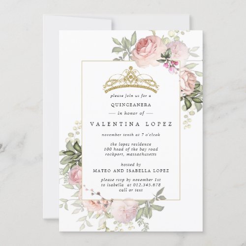 Elegant Blush Pink Floral Gold Tiara Quinceanera Invitation
