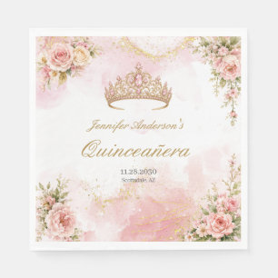 Elegant Blush Pink Floral Gold Tiara Quinceañera Napkins