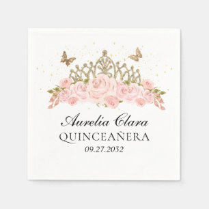Elegant Blush Pink Floral Gold Tiara Quinceanera Napkins