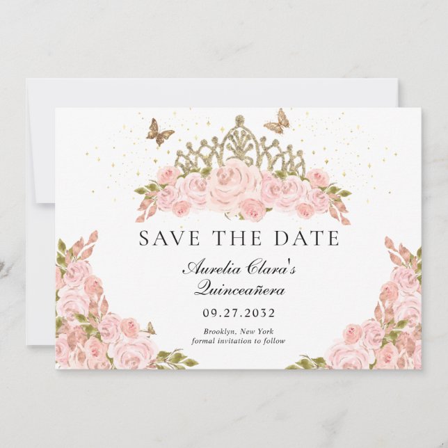 Elegant Blush Pink Floral Gold Tiara Quinceanera Save The Date (Front)