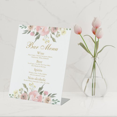 Elegant Blush Pink Floral Gold Wedding Bar Menu Pedestal Sign