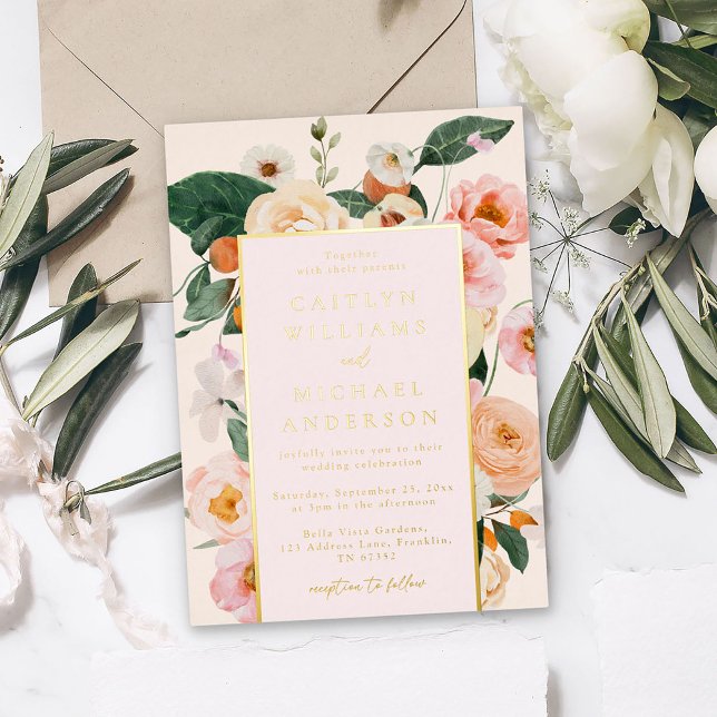 Elegant Blush Pink Floral Gold Wedding Foil Invitation (Creator Uploaded)