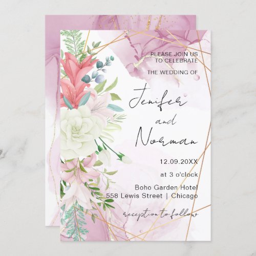 Elegant Blush Pink Floral Gold Wedding Invitation