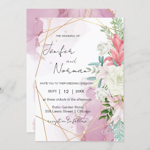 Elegant Blush Pink Floral Gold Wedding  Invitation