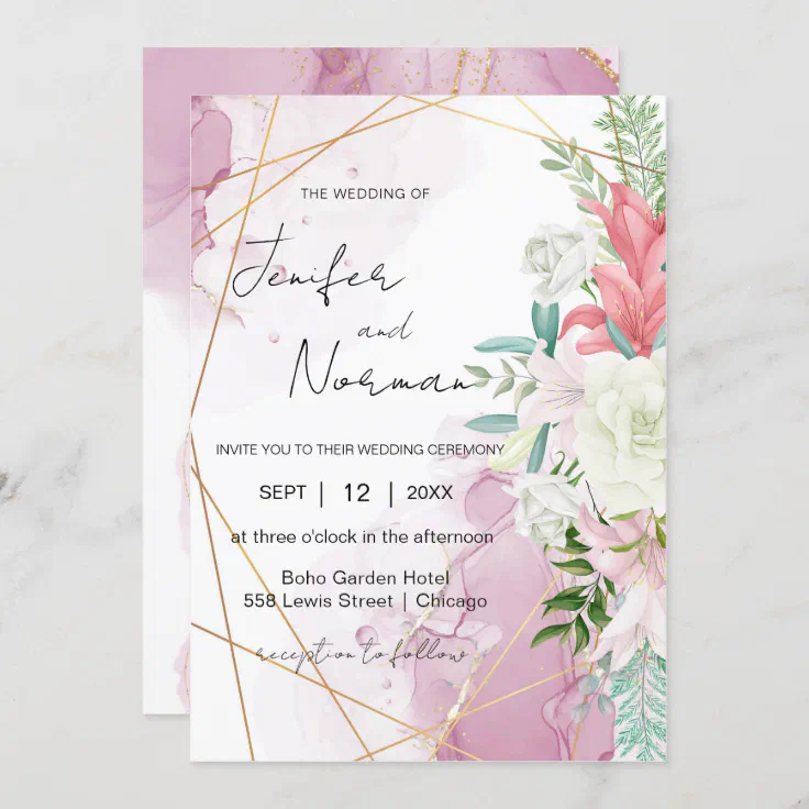 Elegant Blush Pink Floral Gold Wedding Invitation Zazzle