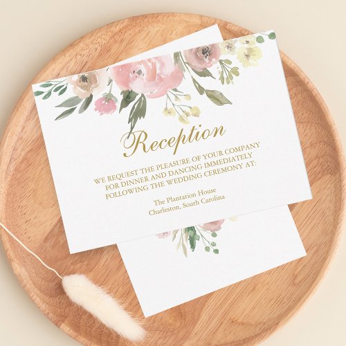 Elegant Blush Pink Floral Gold Wedding Reception RSVP Card