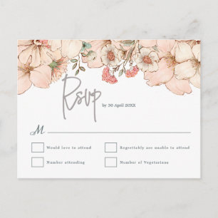 Elegant Blush Pink Floral Gray Script Wedding RSVP Postcard
