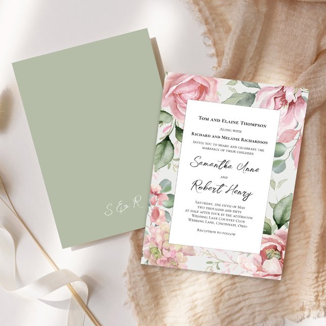 Elegant Blush Pink Floral Green Wedding Invitation (Elegant blush pink floral with save green background wedding invitations. )