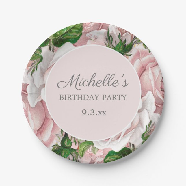 Elegant Blush Pink Floral Greenery Birthday Party Paper Plates (Front)