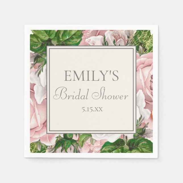 Elegant Blush Pink Floral Greenery Bridal Shower Napkins (Front)