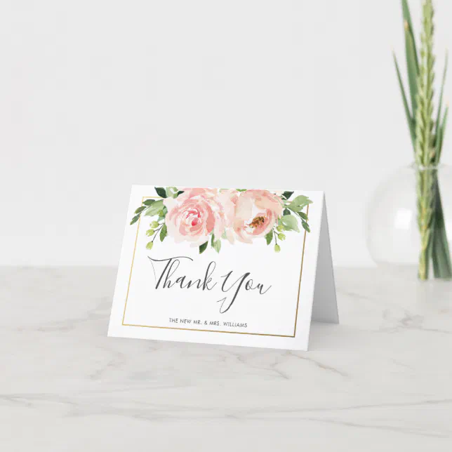 Elegant Blush Pink Floral Greenery Gold Wedding Thank You Card | Zazzle