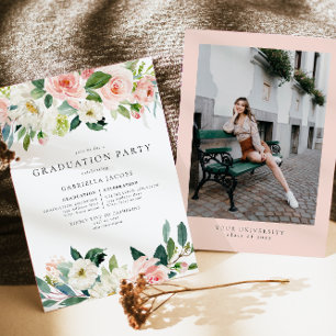 Elegant Blush Pink Floral Greenery Graduation Invitation