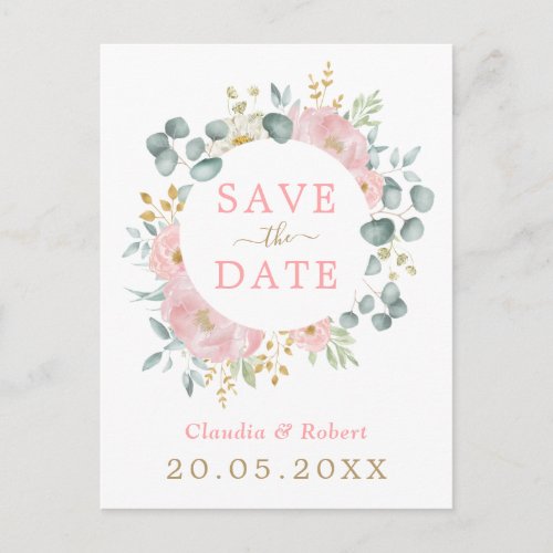 Elegant Blush Pink Floral  Greenery Save the Date Announcement Postcard