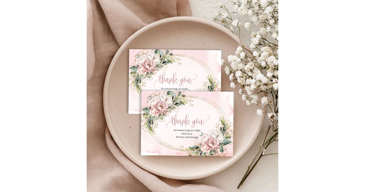 Elegant Blush Pink Floral Greenery Thank You Card | Zazzle
