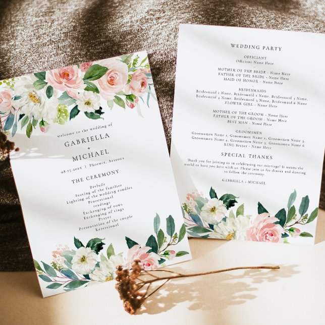 Elegant Blush Pink Floral Greenery Wedding Program (Creator Uploaded)